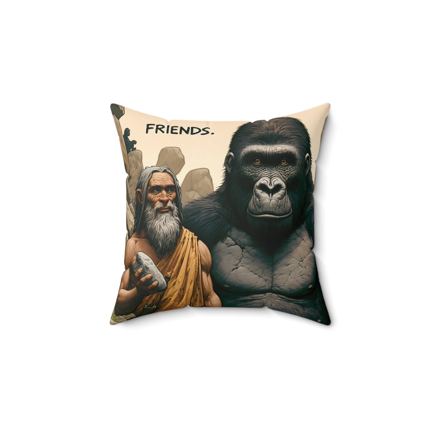 Discover the essence of timeless friendship with our "Friendship Pillow." Featuring a majestic gorilla with an ancient human that captures the bond of friendship. A great home and office decor and a wonderful gift to celebrate the power of friendship! (SK Superb)