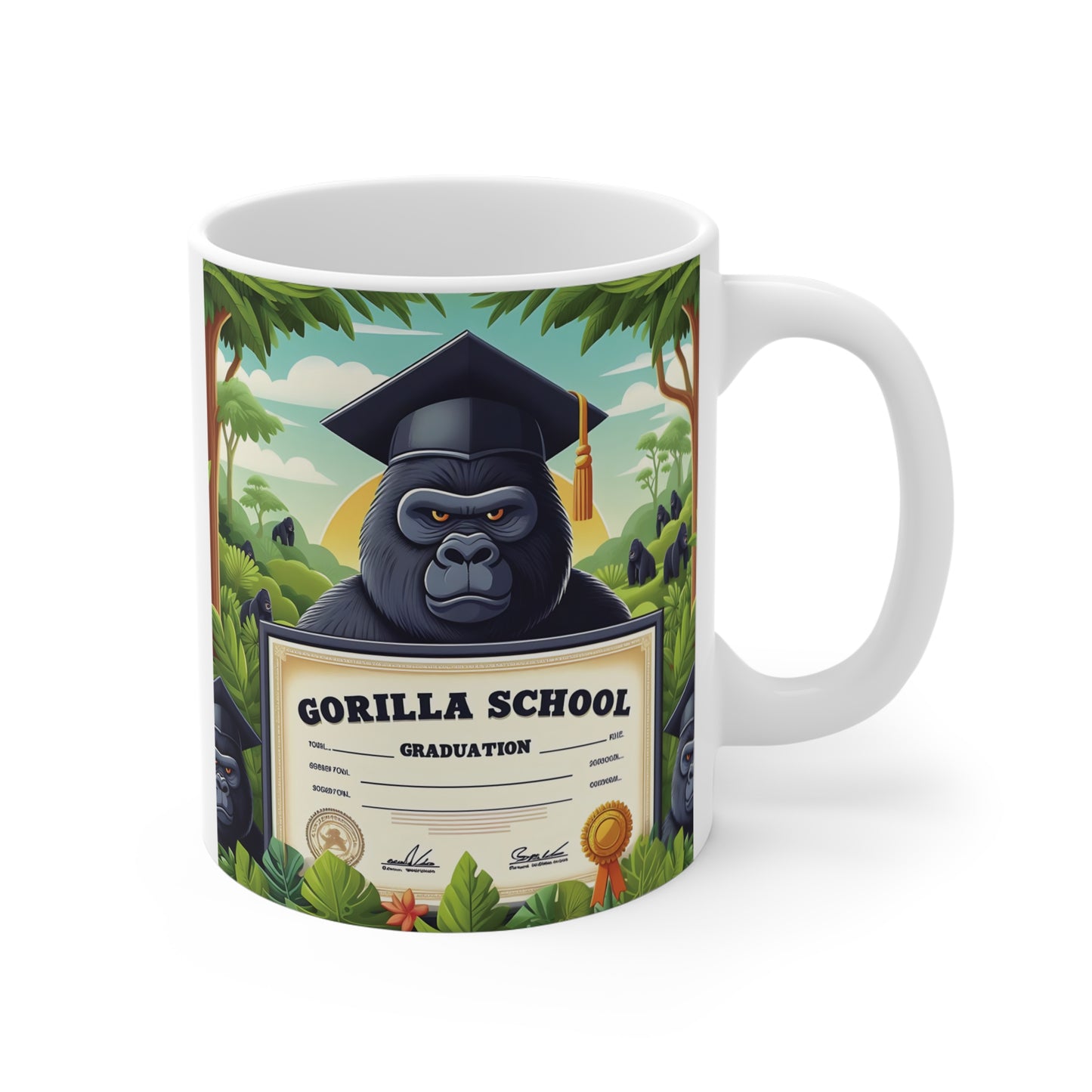 Celebrate the academic achievements of your favorite graduate with our "Gorilla School Graduation" 11oz Mug. A symbol of accomplishment and pride. Perfect Gift for graduates, animal lovers, and anyone celebrating educational achievements. BUY NOW! (SK Superb)