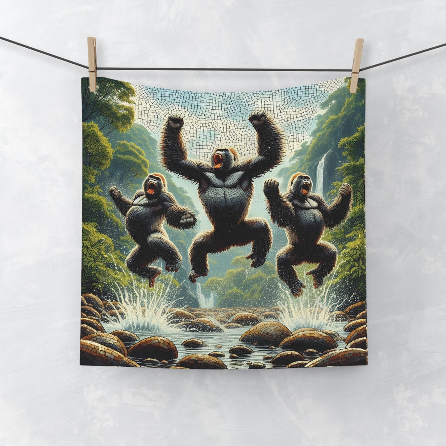 Our "Jungle Wildlife Gorilla Face Towel" is a functional and mosaic art of gorillas leaping joyously from the water. This towel is perfect for nature and wildlife art lovers. Suitable for use as a face towel, guest towel, or decorative piece in your bathroom or gym bag. (SK Superb)