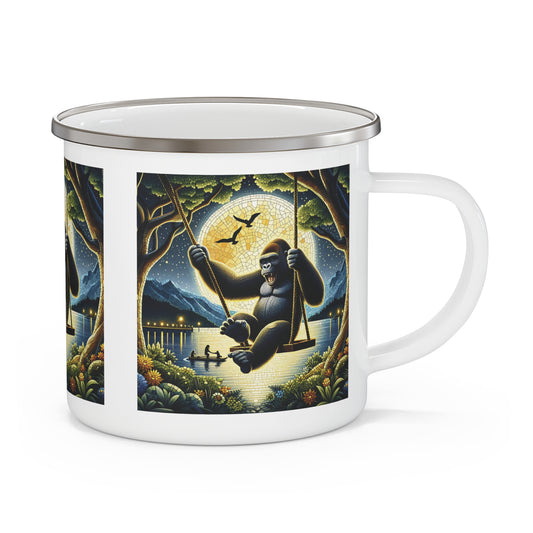 Immerse yourself in the serene beauty of nature with our "Enchanting Gorilla on a Swing" enamel camping mug. Perfect for nature, outdoor lovers. Great gift for campers, hikers, and wildlife enthusiasts. BUY NOW! (SK Superb)