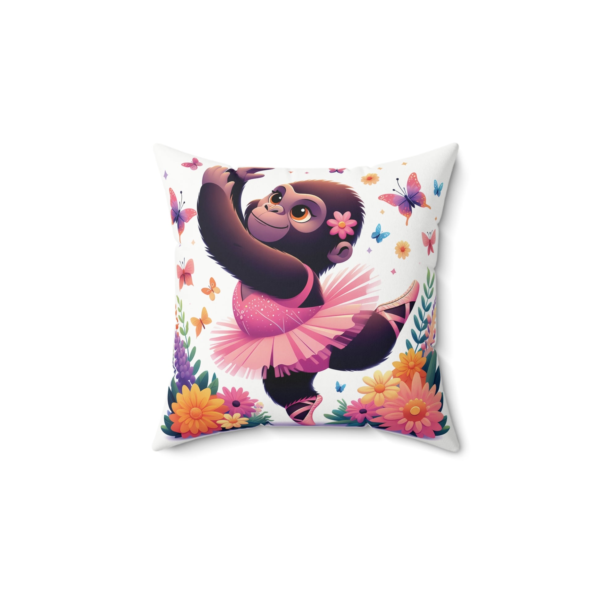 A delightful pillow of an adorable baby gorilla gracefully dancing amidst a garden of flowers and butterflies. Perfect for animal lovers and ballet enthusiasts, this pillow brings an elegant vibe to any room. Encourage your kids to explore the world of ballet with this enchanting design. BUY NOW! (SK Superb)