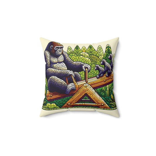 Our "Gorilla Family on Seesaw Pillow" is reminiscent of the joyous moments shared in a human family. It features a gorilla family having fun on a seesaw in a vibrant mosaic forest. A decorative pillow ideal for animal lovers and families. BUY NOW! Enjoy the universal spirit of family togetherness! (SK Superb)