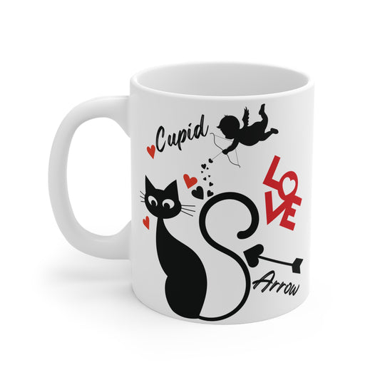 Shop this charming 11oz Valentine's Day mug of a black cat & playful Cupid. Ideal gift for cat lovers, Valentine's Day, and anniversary. BUY NOW!