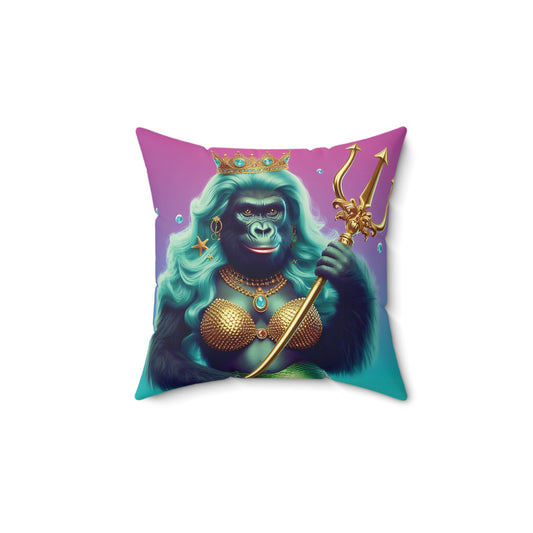 Add a touch of whimsy and regality to your home decor with our "Royal Mermaid Gorilla Throw Pillow." A gorilla adorned with luxurious mermaid attire, with shimmering crown and majestic trident. Perfect for animal lovers and fantasy art enthusiasts, elevating your living room, bedroom, or any cozy corner. (SK Superb)