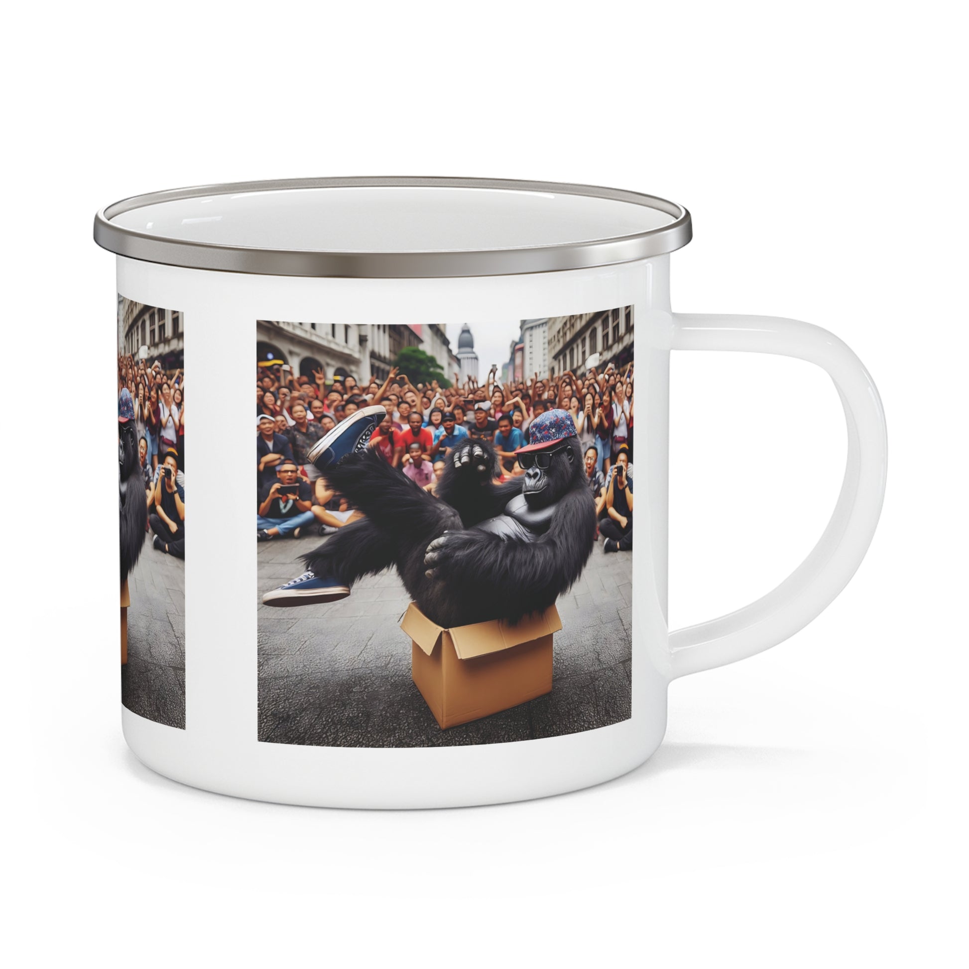 Enjoy your outdoor adventures with this fun enamel camping mug featuring a breakdancing gorilla in a street performance scene. Perfect gift for breakdance lovers, urban art fans, and those who enjoy quirky designs. This mug is ideal for camping, hiking, or home use. BUY NOW! (SK Superb)
