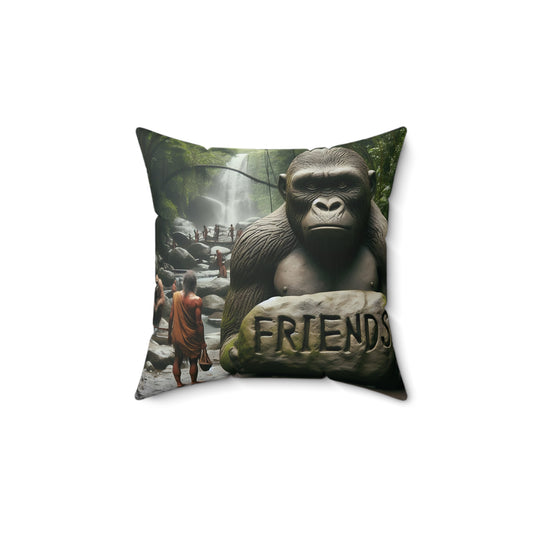 Celebrate the power of friendship with our "Friends Forever Gorilla Pillow." A pillow of nature and companionship with a majestic gorilla holding a "Friends" sign, set against a serene jungle backdrop with a flowing waterfall. ORDER NOW for your loved ones and friends. (SK Superb)