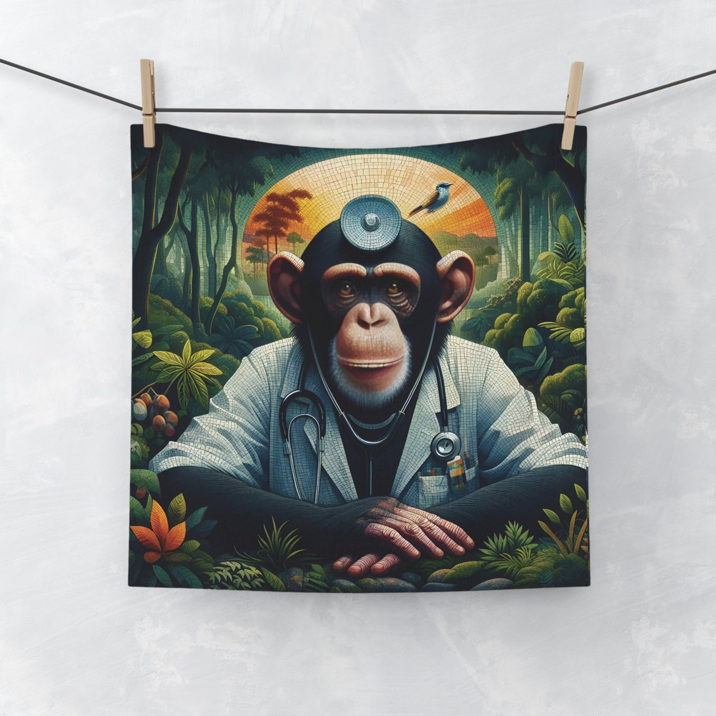 Elevate your bathroom decor with our mosaic style "Chimpanzee Doctor in Jungle" face towel. An excellent gift for animal lovers and medical professionals. Perfect for gifts, special occasions, or personal use, this towel combines functionality with unique artistic design. BUY NOW! (SK Superb)