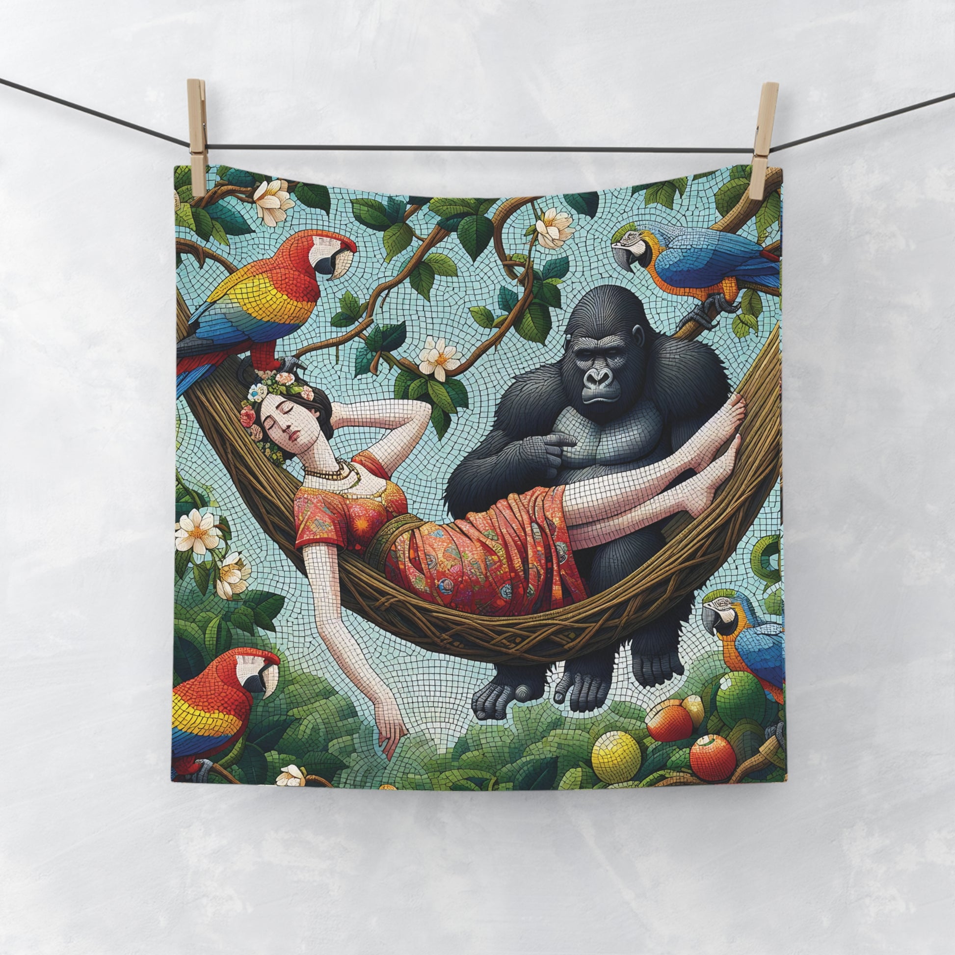 Our Exotic Paradise Mosaic Face Towel, a perfect blend of luxury and artistry. This towel showcases a serene gorilla and a dreaming woman lounging together in a hammock, bringing a touch of the jungle to your bathroom decor. A great choice for nature lovers and art enthusiasts alike. BUY NOW! (SK Superb)