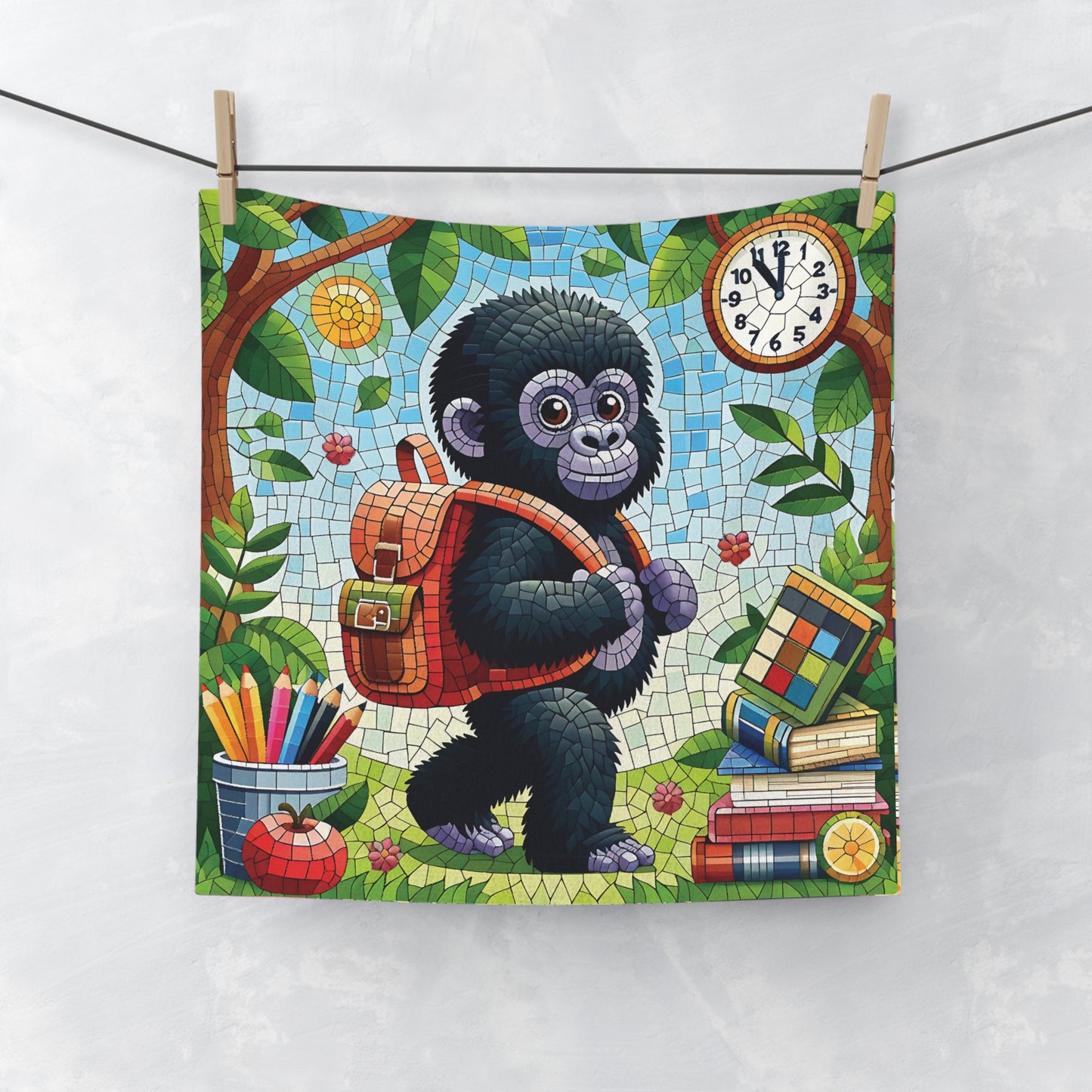 Make school days fun and exciting with our "Adorable Baby Gorilla School Face Towel". Perfect for kids, this face towel features a mosaic design baby gorilla with a backpack, ready for school. An ideal gift for kids, animal lovers, nature enthusiasts, who love artistic designs. BUY NOW! (SK Superb)