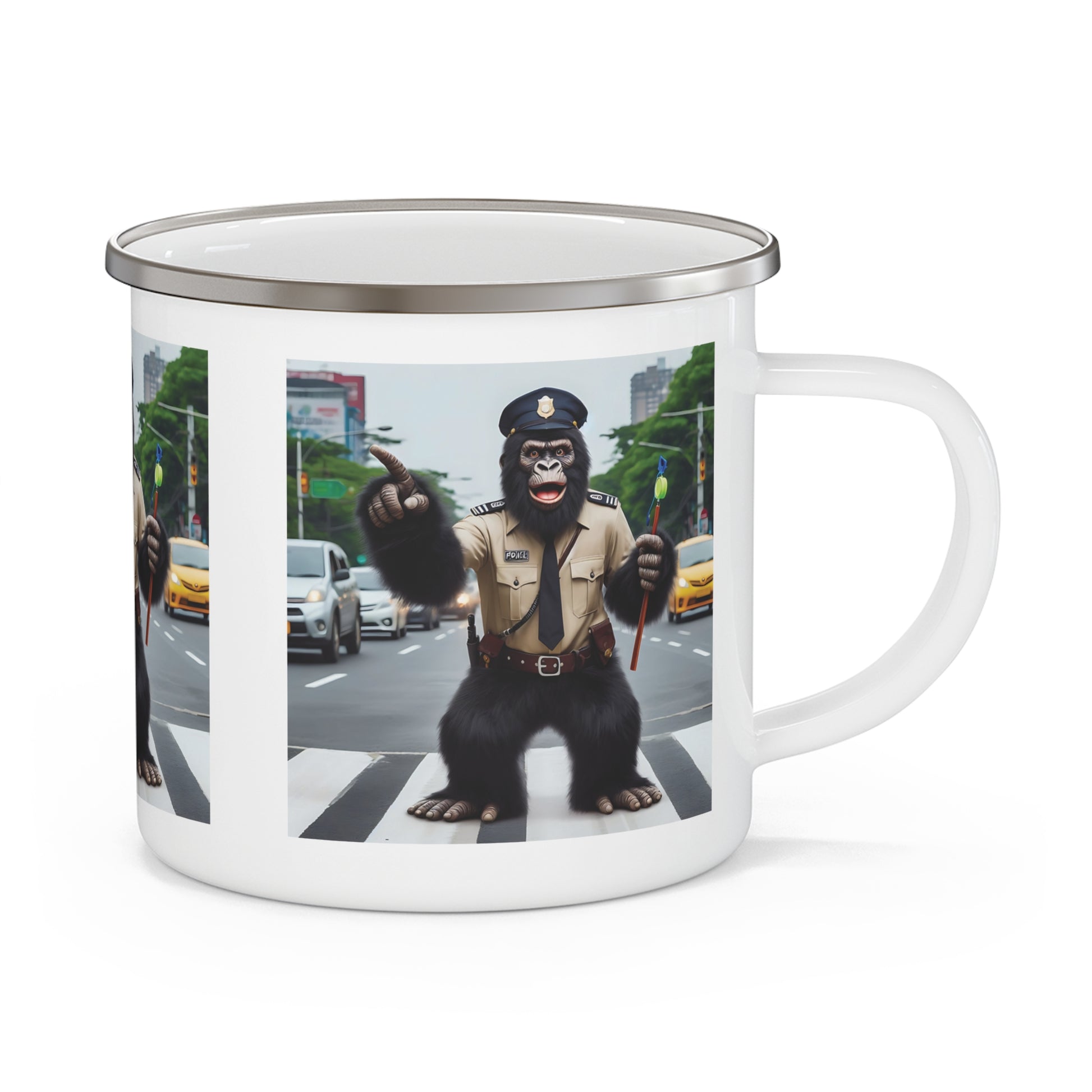 Our fun animal themed enamel camping mug of a playful gorilla traffic cop design. Perfect for camping, hiking, or everyday use. A great gift for outdoor lovers and adds a quirky touch to any adventure. A functional mug for your outdoor activities. BUY NOW! (SK Superb)