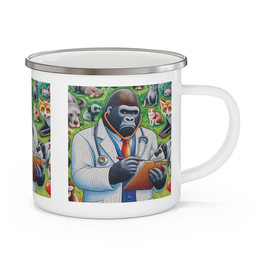 Our Camping Mug of mosaic-style Gorilla Veterinarian with forest animals, for wildlife lovers, combining functionality with unique art. This mug mirrors the caring nature of a human vet. Ideal for camping trips, hiking, picnics, travel and everyday use. A practical gift for outdoor and home use. BUY NOW! (SK Superb)