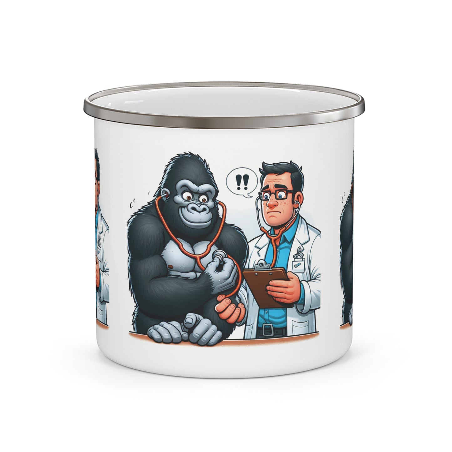 Hilarious Cartoon Gorilla & Doctor Enamel Camping Mug