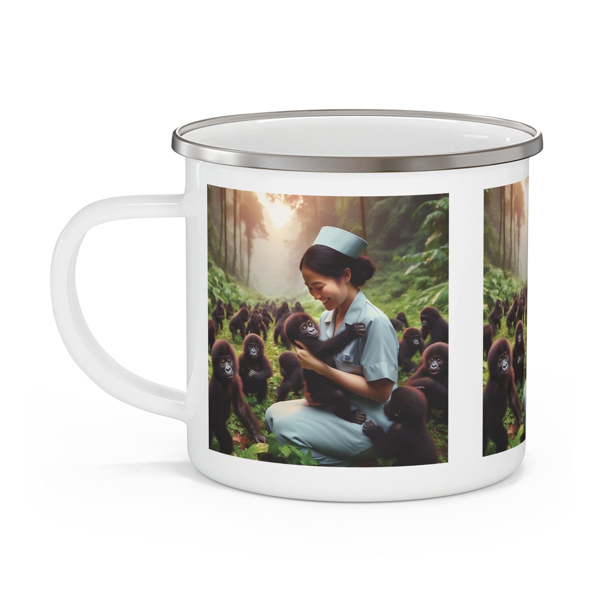 Nurse and Baby Gorillas in Nature Enamel Camping Mug