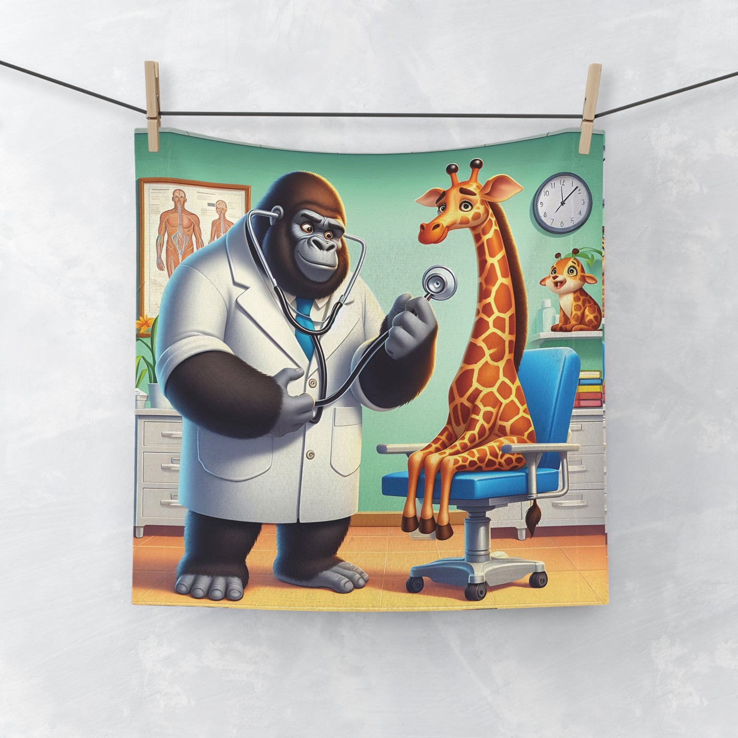 Our "Cartoon Gorilla Doctor Face Towel" features a gorilla doctor examining a giraffe patient, fun for kids and adults. Ideal for bathrooms, gyms, travel or as a unique gift . A favorite towel for animal lovers and anyone who loves creative designs. BUY NOW! (SK Superb)