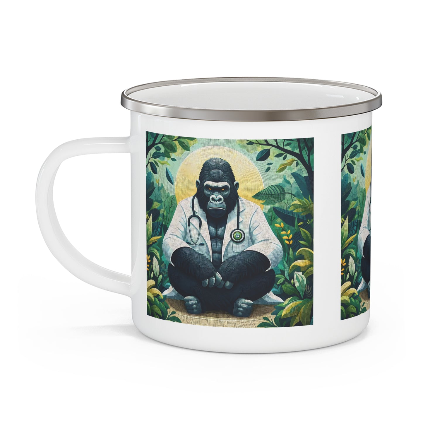 Meditative Gorilla Doctor Enamel Camping Mug - Wellness Enthusiasts
