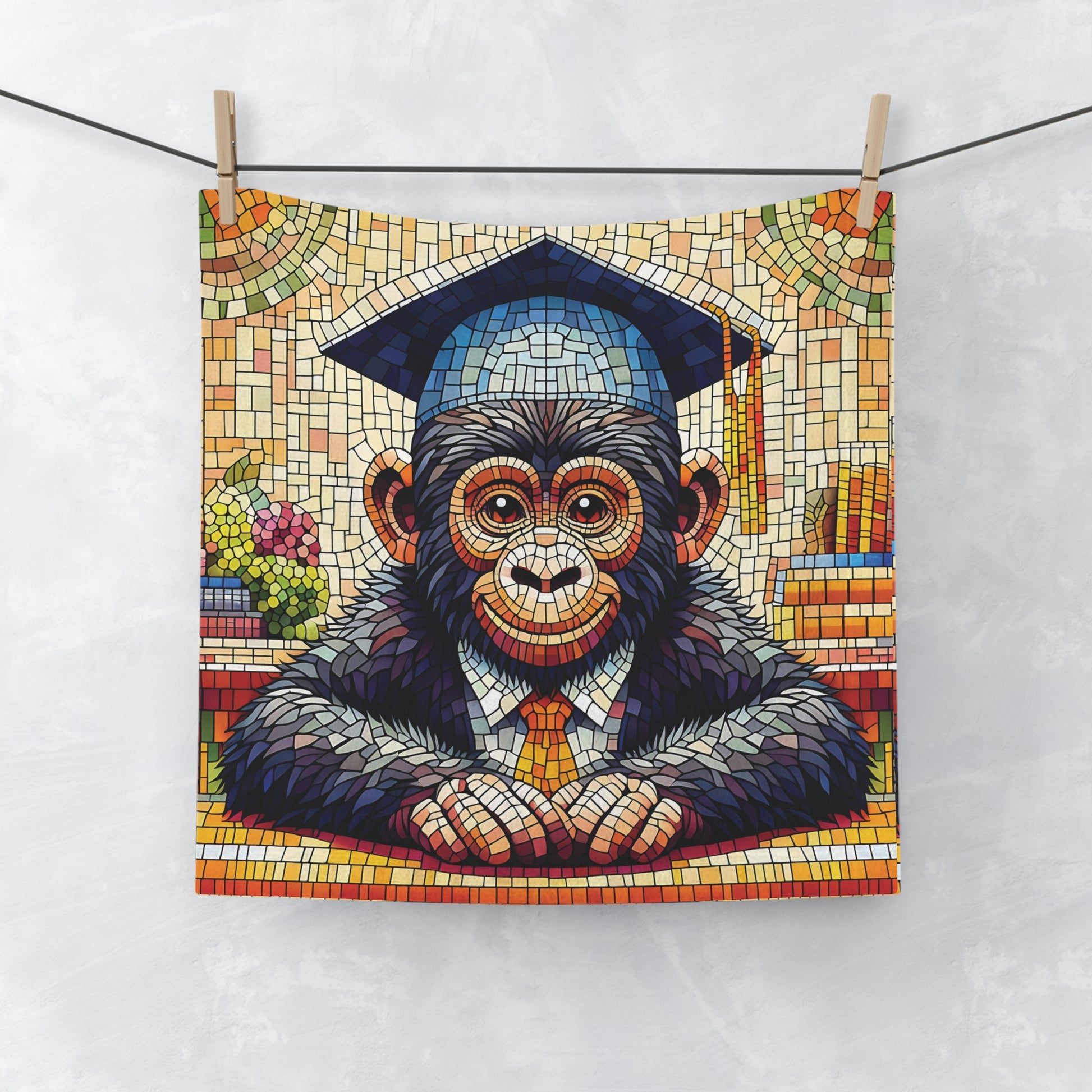 Celebrate the joy of graduation with our mosaic design towel of a monkey proudly wearing a graduation cap and gown. Perfect for graduates of all ages. Ideal for daily facial care or as a decorative piece. Great graduation gift for students, teachers, and proud parents. BUY NOW! (SK Superb)