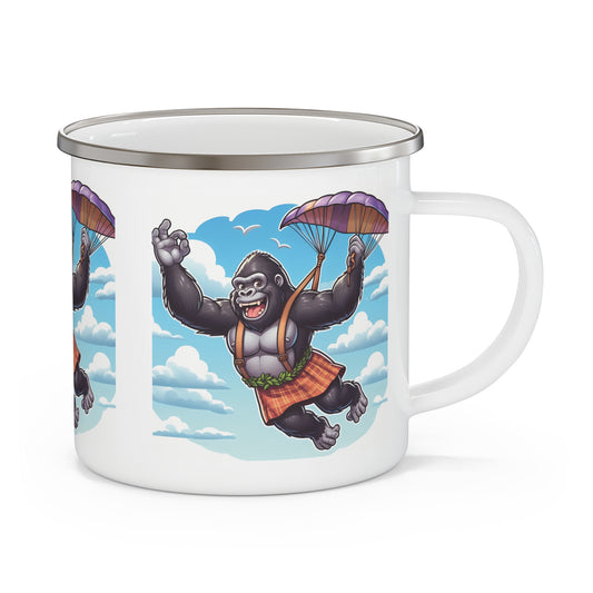 Elevate your camping experience with our "Happy Gorilla Parachuting" Enamel Camping Mug! Perfect for your outdoor adventures, hiking, camping, travel or home use. A fun and unique gift for animal lovers and adventure seekers. BUY NOW! (SK Superb) 