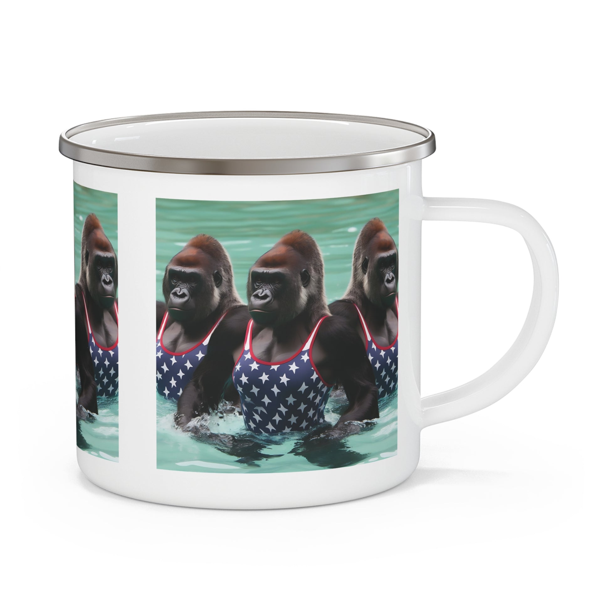 Our ‘Patriotic Gorilla Enamel Camping Mug’ is for outdoor adventures and daily use. Add a touch of wildlife charm and patriotic spirit to your collection with this functional and eye-catching enamel mug. BUY NOW! (SK Superb)