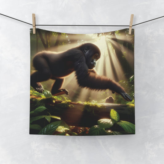 This face towel features a gorilla gracefully reaching through a sunlit forest. A towel of functionality and adding nature-inspired elegance to your bathroom decor. Ideal for nature and wildlife lovers. Perfect for gifting or personal use. Gift for birthdays, holidays. BUY NOW! (SK Superb)