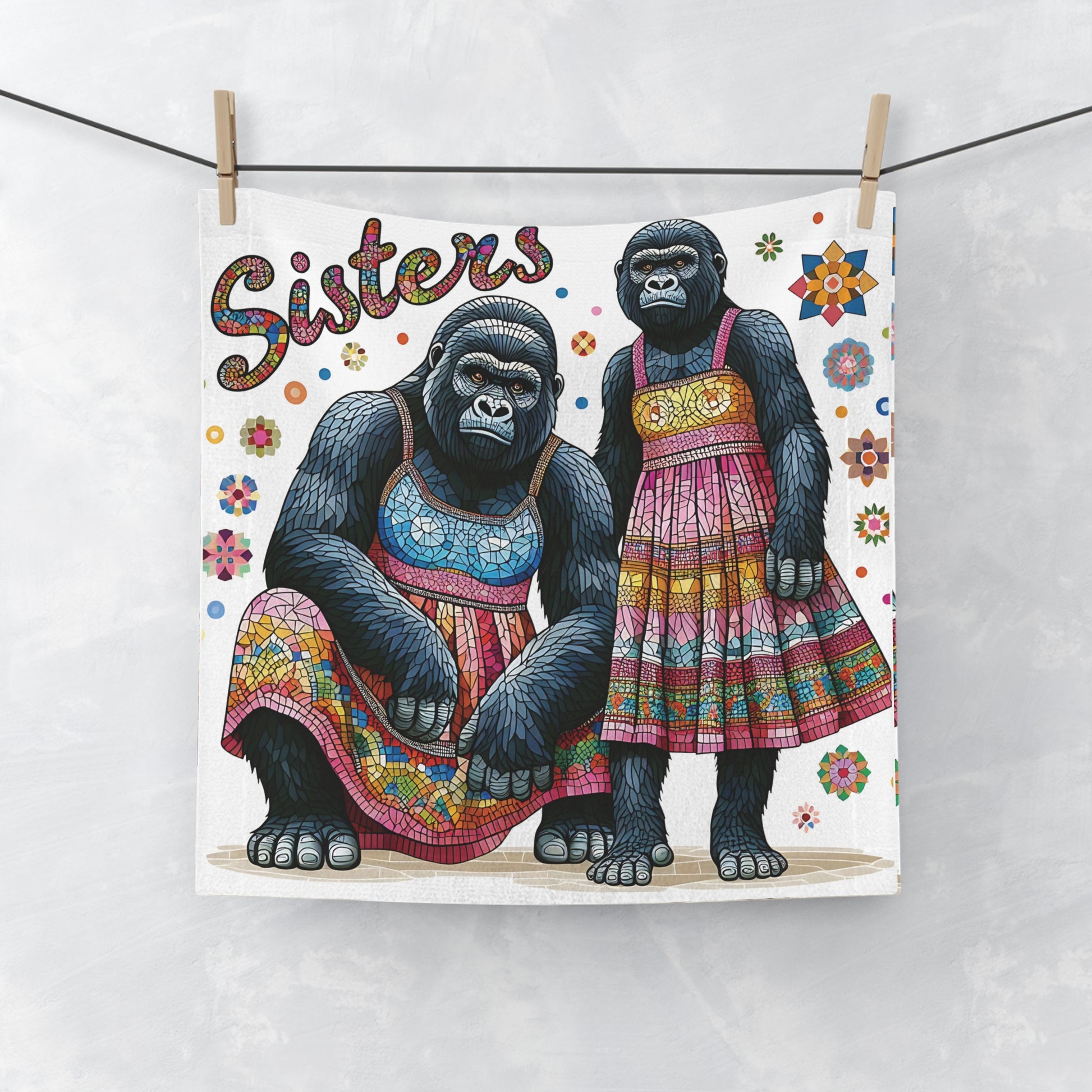 Our mosaic style "Gorilla Sisterly Love Face Towel" is a blend of creativity and functionality. Gift for your sister, best friend, or any special woman in your life. Ideal for birthdays, anniversaries. Suitable for use in your bathroom, kitchen, gym bag or a decorative piece. BUY NOW! (SK Superb)