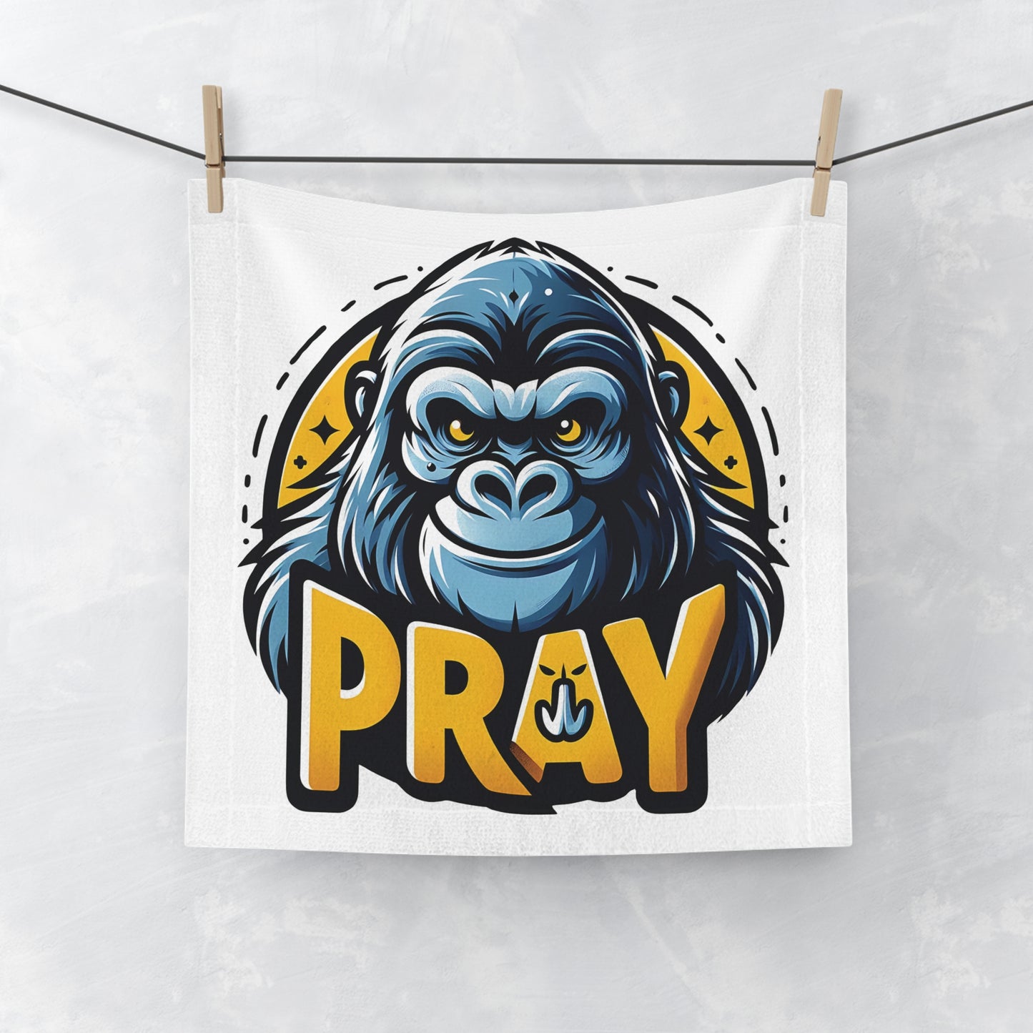 A face towel of a GORILLA with a "PRAY" message, perfect for moments when you seek spiritual connection. Ideal for use in the bathroom, gym, yoga sessions, or as a decorative piece in any prayer space. Gift for friends and family who value spirituality and motivation in their lives. BUY NOW! (SK Superb)