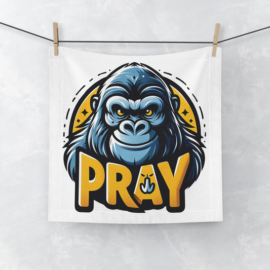 A face towel of a GORILLA with a "PRAY" message, perfect for moments when you seek spiritual connection. Ideal for use in the bathroom, gym, yoga sessions, or as a decorative piece in any prayer space. Gift for friends and family who value spirituality and motivation in their lives. BUY NOW! (SK Superb)