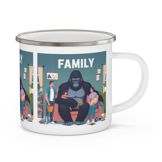 Celebrate family togetherness with the heartwarming cartoon design "Gorilla Family Unity" Enamel Camping Mug. This mug is perfect for camping, hiking, or daily use. An ideal gift for nature, gorilla lovers. A whimsy artwork functional mug for outdoor adventures or cozy mornings at home. BUY NOW! (SK Superb)