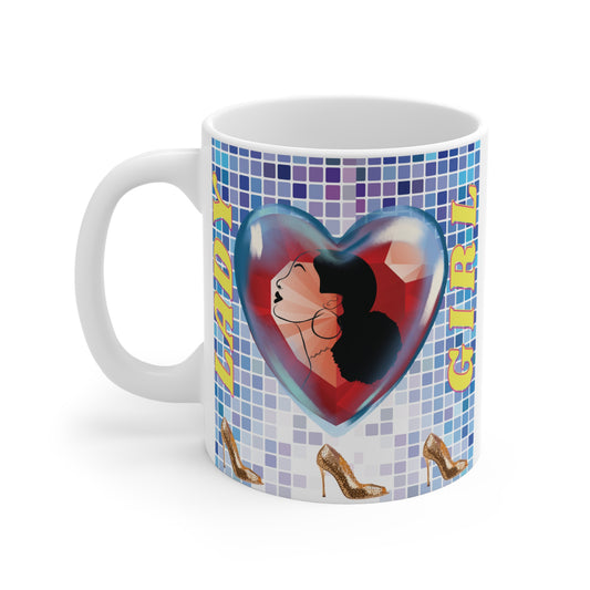 LADY GIRL 11oz Mug – Stylish ceramic coffee cup featuring a confident woman, heart gem, and gold heels. Perfect gift for boss ladies, divas, and fashion lovers.