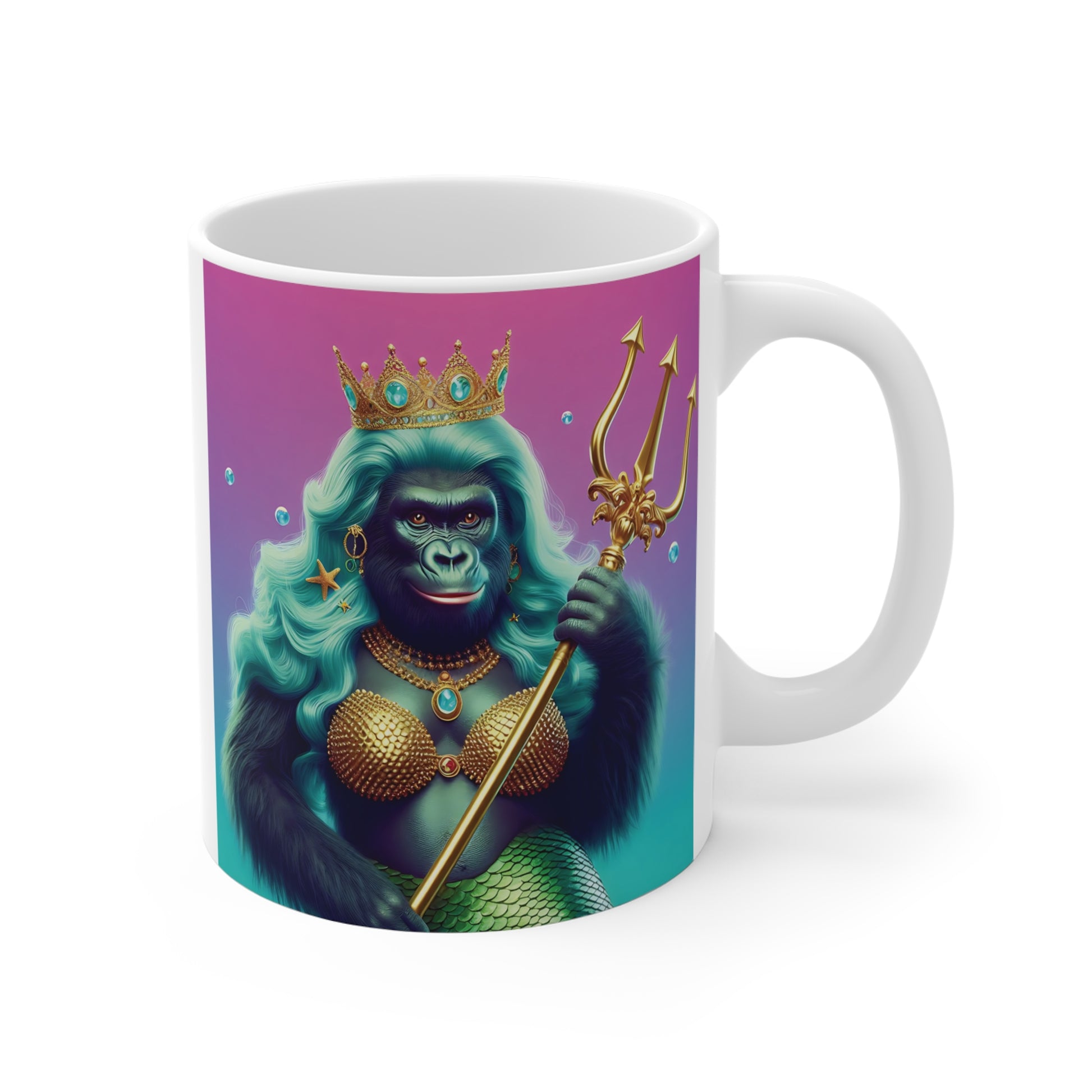 Let your imagination swim into the depths of creativity with our functional, extraordinary "Gorilla Mermaid Queen" 11oz mug. An ideal gift for fantasy enthusiasts, mermaid lovers, and those who appreciate unique and artistic designs. BUY NOW! (SK Superb)