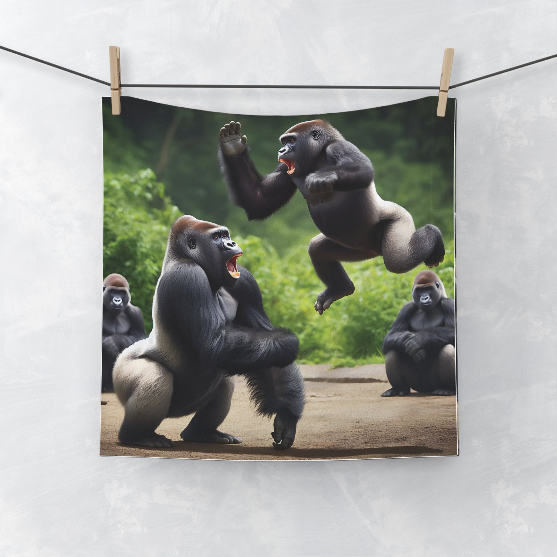 Add a touch of the wild to your home with our "Vibrant Gorilla Showdown Face Towel."  Perfect for animal enthusiasts and nature lovers, this towel adds adventure and excitement to your bathroom or gym experience. Ideal for use in the bathroom, gym, or as a travel companion. BUY NOW! (SK Superb)