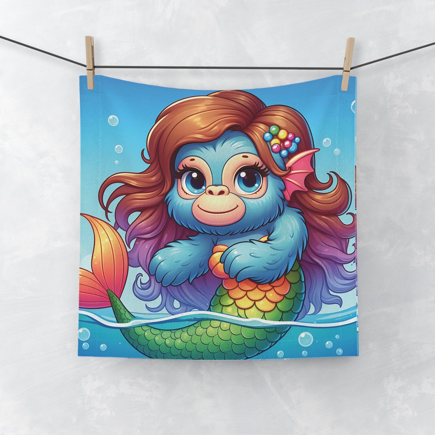 Our cartoon style "Adorable Baby Gorilla Mermaid Face Towel"  add a touch of whimsy to your bathroom or as a fun gift for kids and animal lovers alike. Ideal for children and adults who appreciate fun and unique bathroom accessories. Great Gift Idea for birthdays, holidays. BUY NOW! (SK Superb)