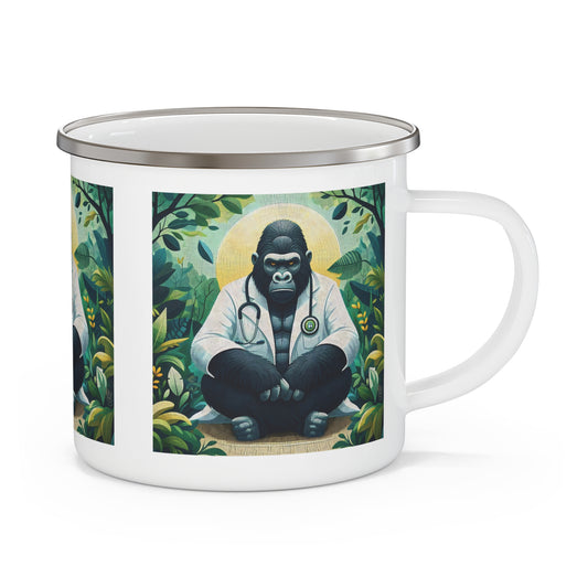 Discover our enamel camping mug featuring a thoughtful gorilla doctor deep in reflection about patient wellness. Perfect for outdoor adventures or daily use. A serene nature-inspired design mug, ideal gift for healthcare professionals, and anyone who values mindfulness, wellness. BUY NOW! (SK Superb)