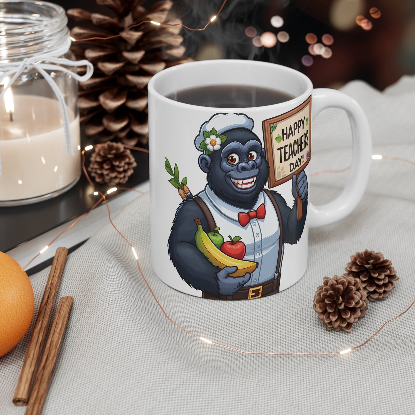 11oz Ceramic Mug - Happy Teacher's Day - Cartoon Gorilla Design
