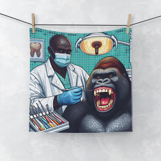 A fun and whimsical decorative bathroom decor with our "Gorilla at the Dentist" face towel. The mosaic-style artwork brings a playful yet artistic touch to your everyday routine, making it a perfect gift for animal lovers and anyone with a sense of humor. BUY NOW! (SK Superb)