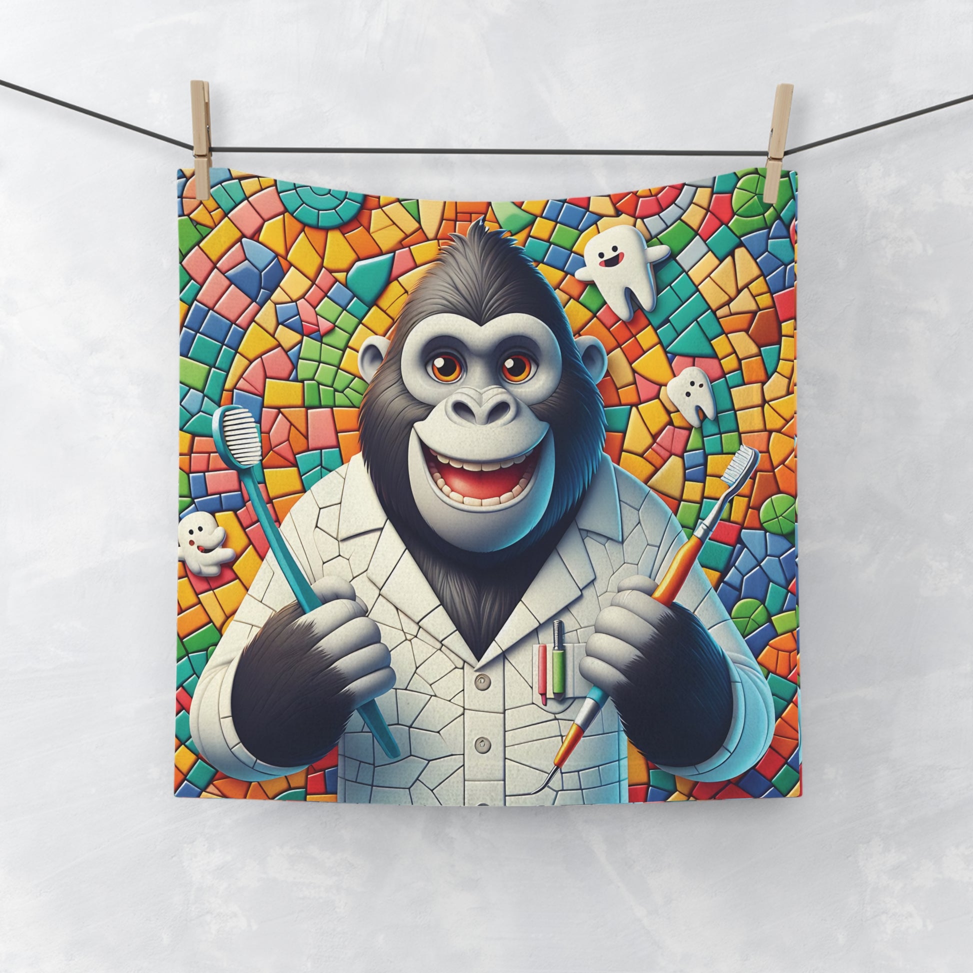 A fun and functional "Gorilla Dentist Mosaic Face Towel" featuring cartoon-style gorilla dressed as a dentist, sure to make you smile every time you use it. Gift for dental professionals, animal lovers, or anyone who loves quirky and artistic designs. Perfect for kids and adults. BUY NOW! (SK Superb)