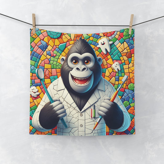 A fun and functional "Gorilla Dentist Mosaic Face Towel" featuring cartoon-style gorilla dressed as a dentist, sure to make you smile every time you use it. Gift for dental professionals, animal lovers, or anyone who loves quirky and artistic designs. Perfect for kids and adults. BUY NOW! (SK Superb)