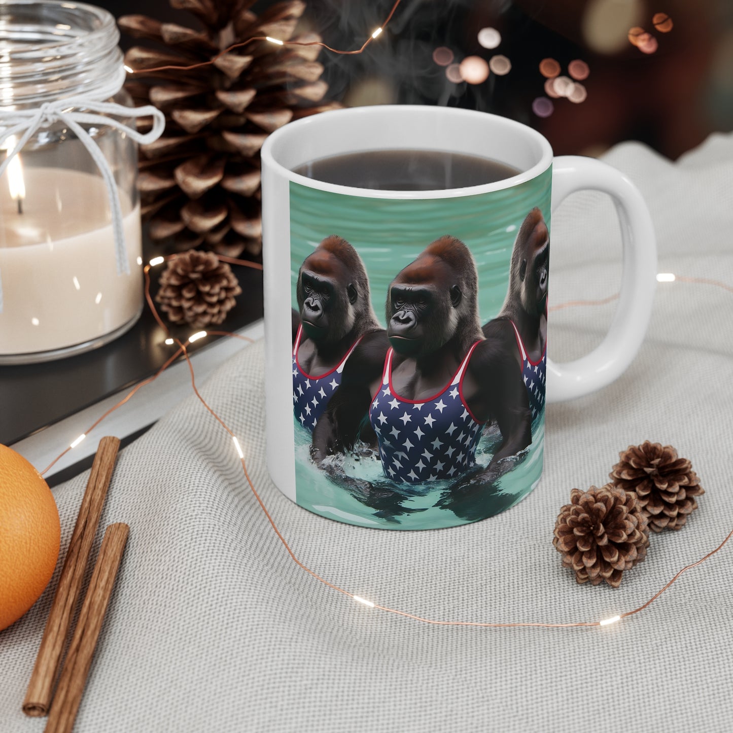 Patriotic Gorilla Swimmers 11oz Mug –  Animal Art, Gorilla Lovers