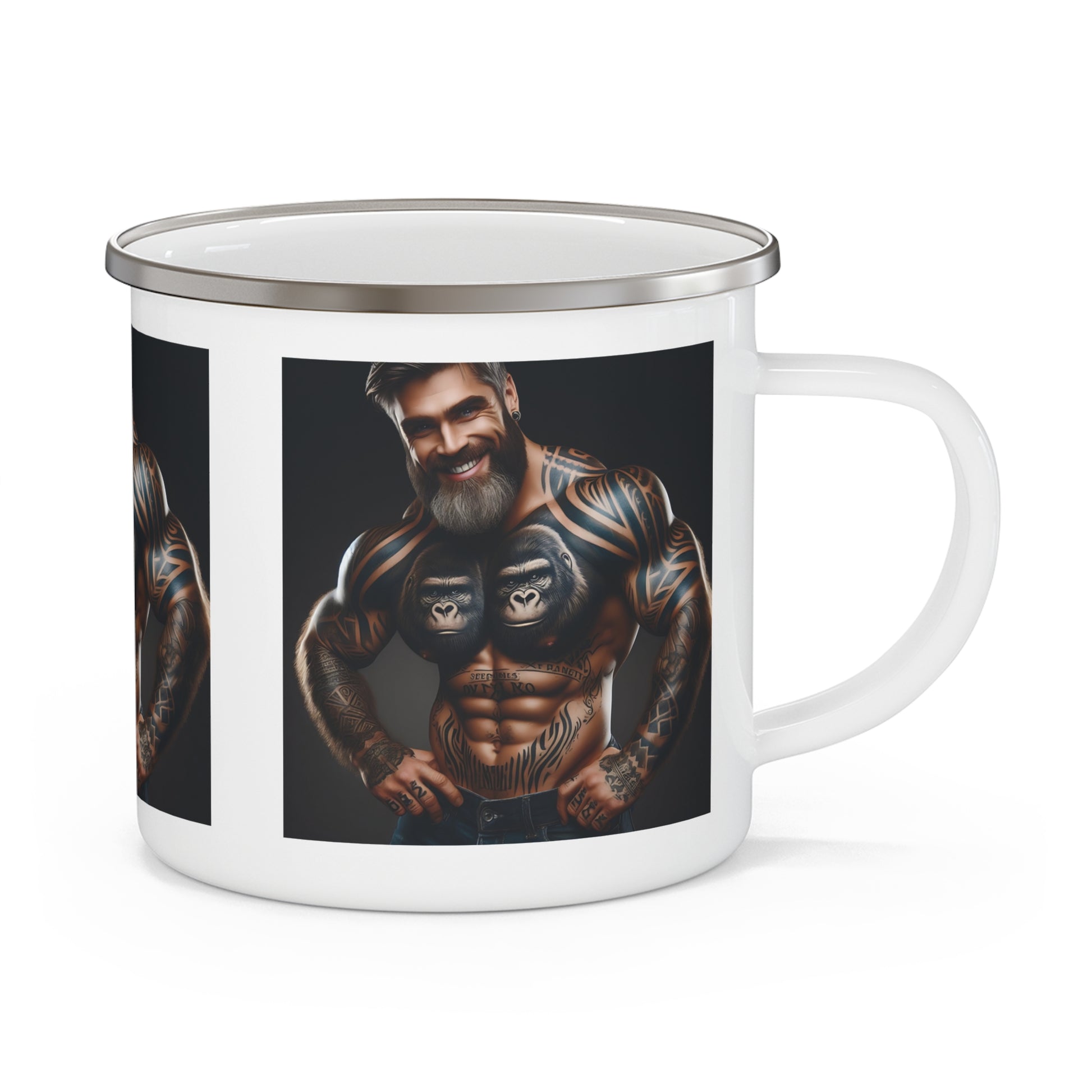 Our practical enamel camping mug of a muscular bodybuilder with gorilla face tattoos. This mug is perfect for fitness enthusiasts, bodybuilders, and anyone who appreciates bold, artistic designs. Ideal gift for those who love the gym, bodybuilding, or simply enjoy a distinctive style. BUY NOW! (SK Superb)