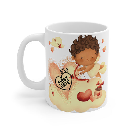 Adorable 11oz Cupid Mug with a "First Date" heart design, perfect as a romantic gift for couples, Valentine’s Day, or anniversaries. A sweet memory mug. BUY NOW