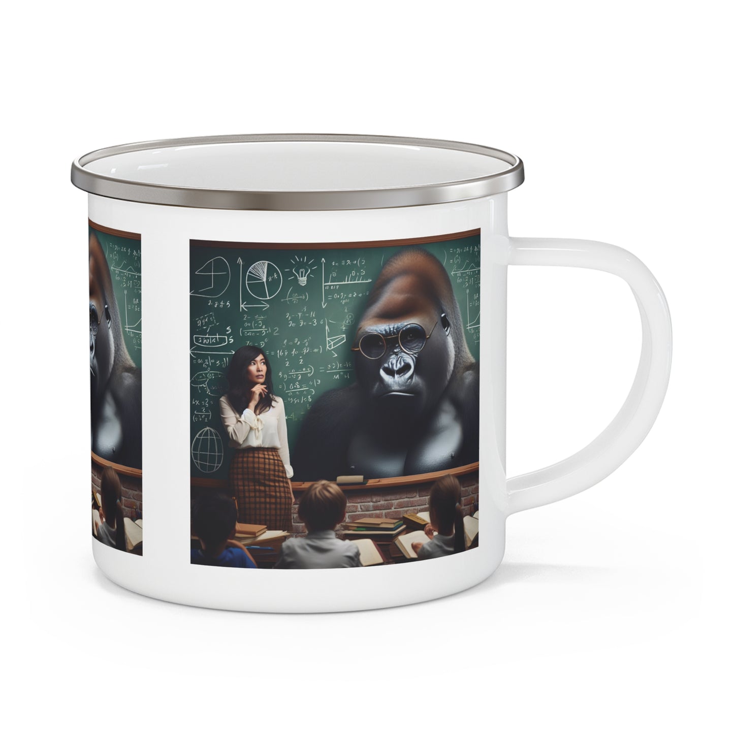Our wild creativity "Educational Gorilla Enamel Camping Mug." A whimsical mug of a gorilla and a female teacher in a classroom setting. Ideal for indoor, outdoor adventures, hiking, classroom use, or as a quirky gift for teachers, or animal lovers. BUY NOW! (SK Superb)