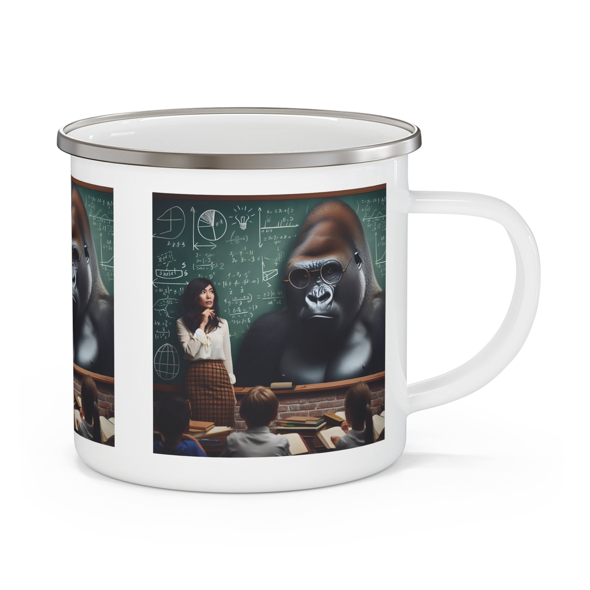Our wild creativity "Educational Gorilla Enamel Camping Mug." A whimsical mug of a gorilla and a female teacher in a classroom setting. Ideal for indoor, outdoor adventures, hiking, classroom use, or as a quirky gift for teachers, or animal lovers. BUY NOW! (SK Superb)