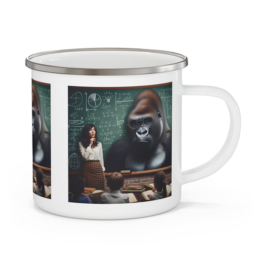 Our wild creativity "Educational Gorilla Enamel Camping Mug." A whimsical mug of a gorilla and a female teacher in a classroom setting. Ideal for indoor, outdoor adventures, hiking, classroom use, or as a quirky gift for teachers, or animal lovers. BUY NOW! (SK Superb)
