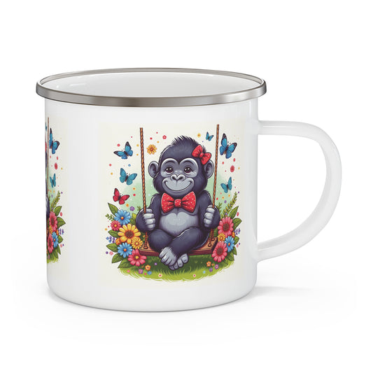 Our heartwarming cartoon design enamel camping mug of an adorable baby gorilla swinging joyfully with a jungle charm. Perfect for outdoor adventures, picnics, and cozy moments by the campfire. Ideal gift for animal lovers and nature enthusiasts. BUY NOW! (SK Superb)