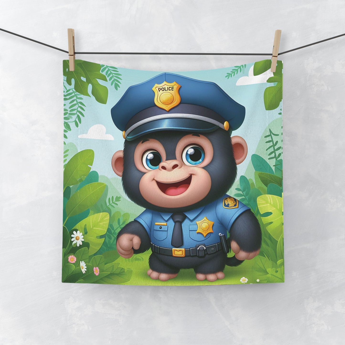 Our "Kids' Cartoon Police Officer Monkey Face Towel" features a cute monkey dressed as a police officer. This towel is perfect for inspiring kids to become future police officers. Whether for bath time, beach outings, or just fun play, this face towel is sure to be a favorite among children. BUY NOW! (SK Superb)