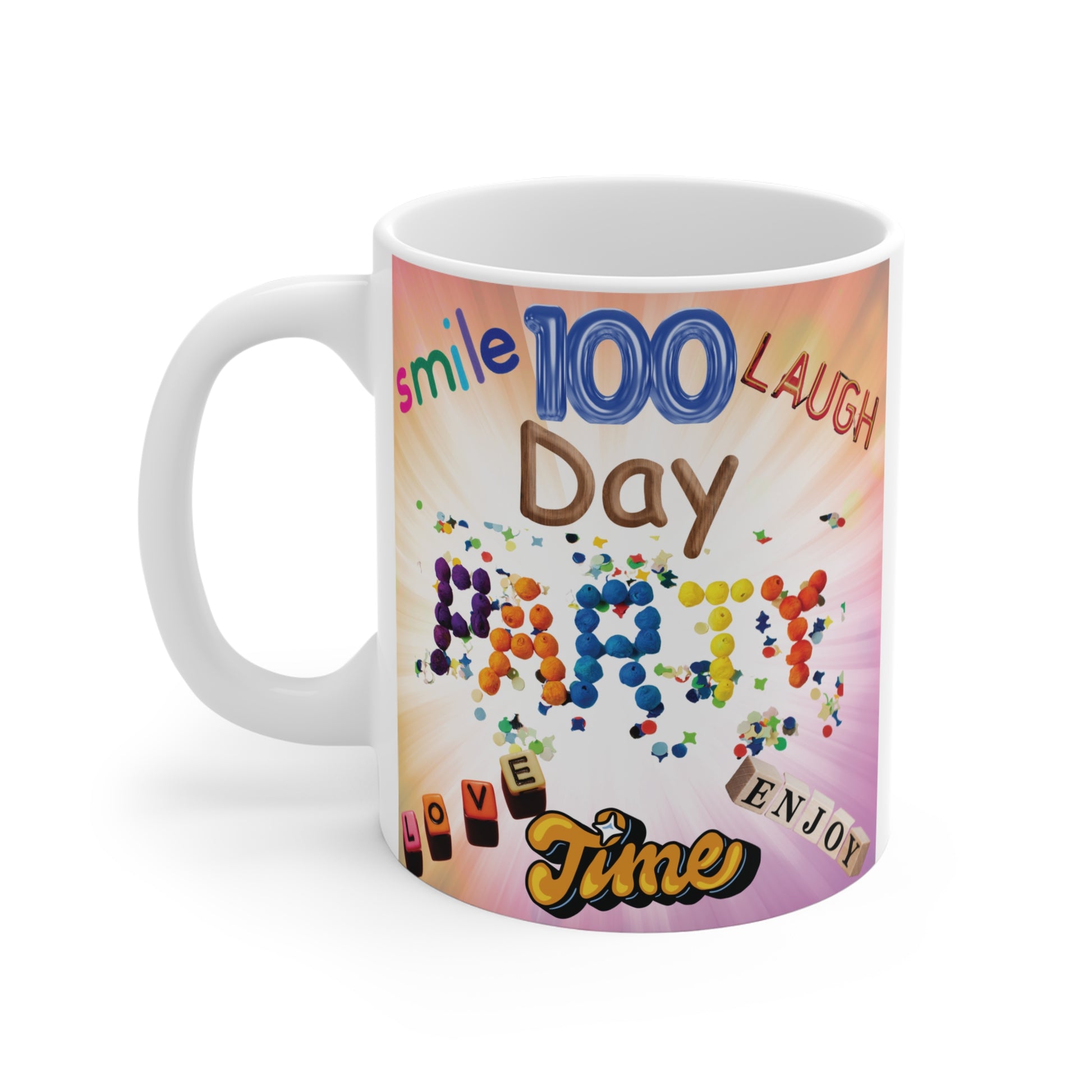 Our colorful 100-Day Party Time design 11oz Mug! Perfect for milestones, celebrations, and daily inspiration. A unique gift for any occasion! BUY NOW!