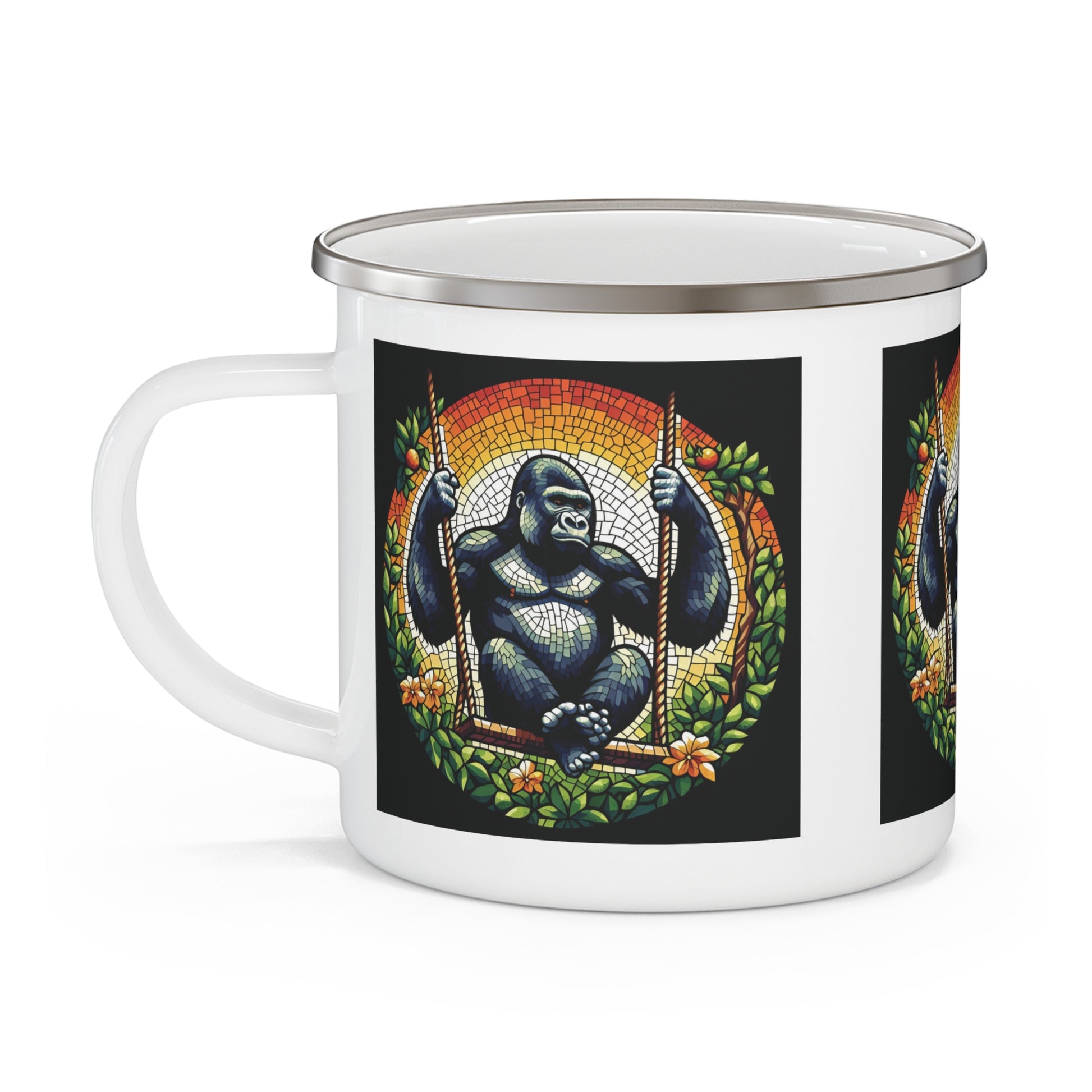Charming Gorilla Swing Enamel Camping Mug - Mosaic Art Design