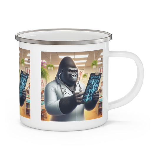 Our creative design medical-themed "Gorilla Doctor Reviewing X-rays" Enamel Mug. Perfect for camping, outdoor adventures, or daily use. Ideal gift for healthcare professionals, and animal lovers who enjoy quirky, imaginative designs. BUY NOW! (SK Superb)
