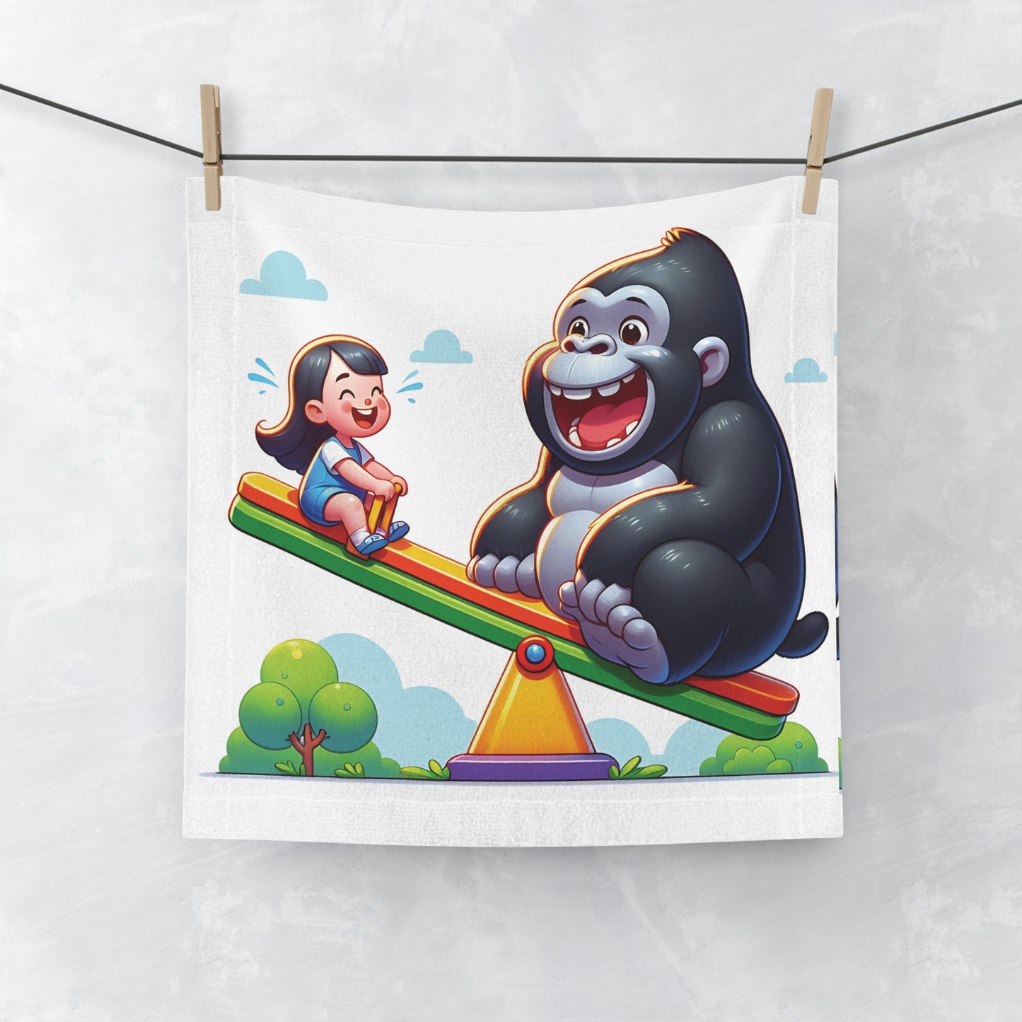 A delightful face towel of a cartoon gorilla and a cheerful child enjoying a playful ride on a seesaw. A practical and decorative towel for any bathroom or nursery. Ideal for children and adults. A wonderful gift for children, parents, or anyone who loves unique bathroom accessories. BUY NOW! (SK Superb)