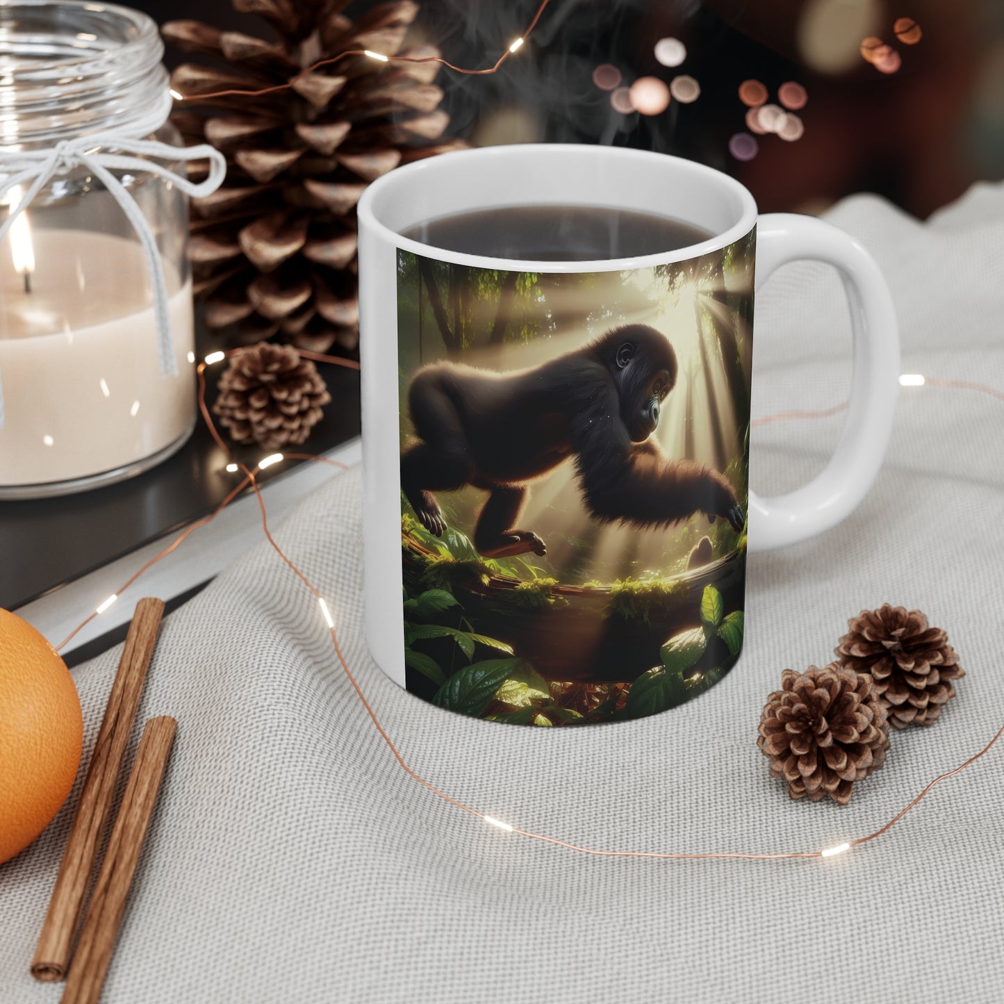 Enchanting Gorilla in Sunlit Forest 11oz Ceramic Mug - Wildlife Lover Gift