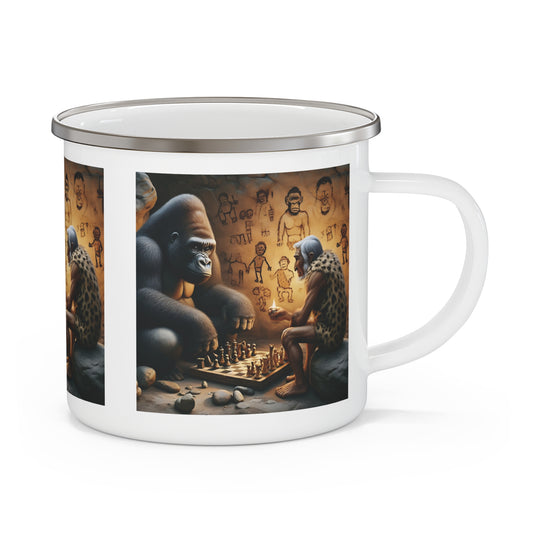 Discover the Primitive Wisdom Enamel Camping Mug, featuring a unique design of a gorilla and caveman playing chess. This enamel mug is perfect for outdoor adventures, camping, and hiking. Ideal for nature lovers, chess enthusiasts, and anyone seeking a quirky and practical coffee mug gifting. BUY NOW! (SK Superb)